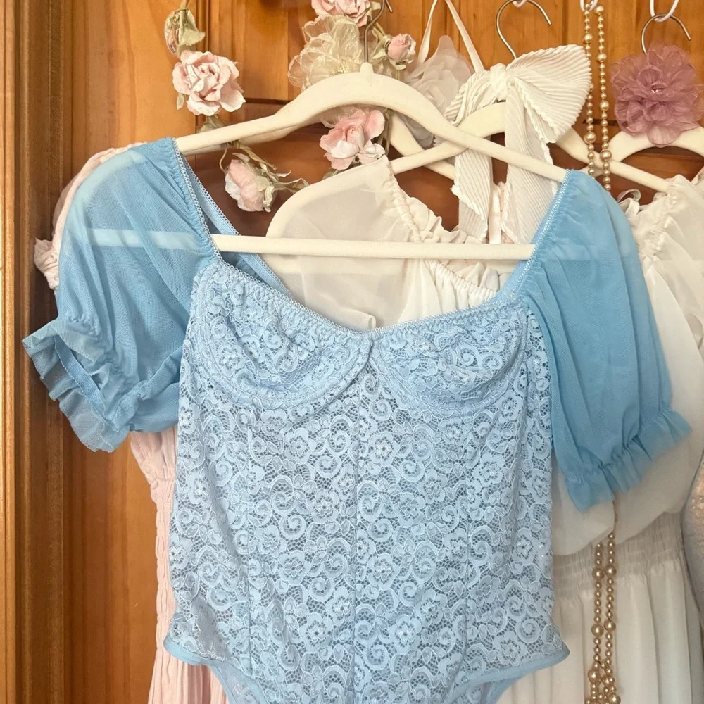 Baby Blue Lace Corset-Esquire Bodysuit - Picture 2 of 6